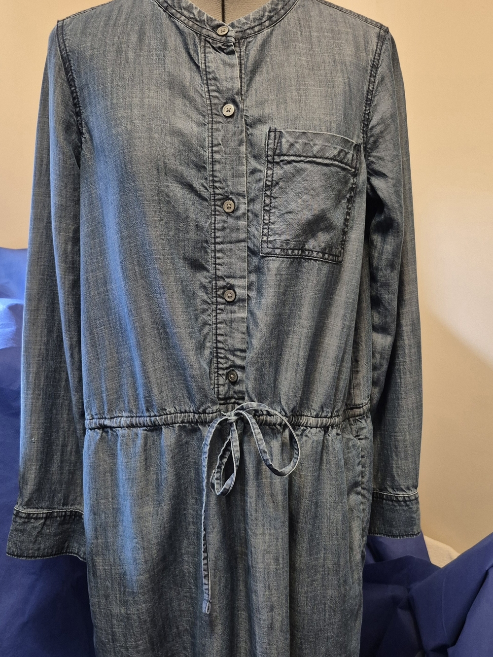 GAP Denim Blue Button-Front Drawstring Dress